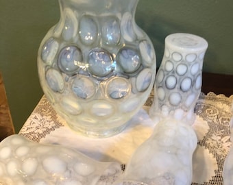 Vintage Fenton Opalescent Coin Spot Dot Pitcher and 5