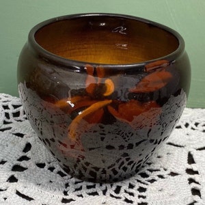 MINIATYR Antik Roseville Gorgeous Brown Glasyrvas Skål jardiniere mini keramikvas