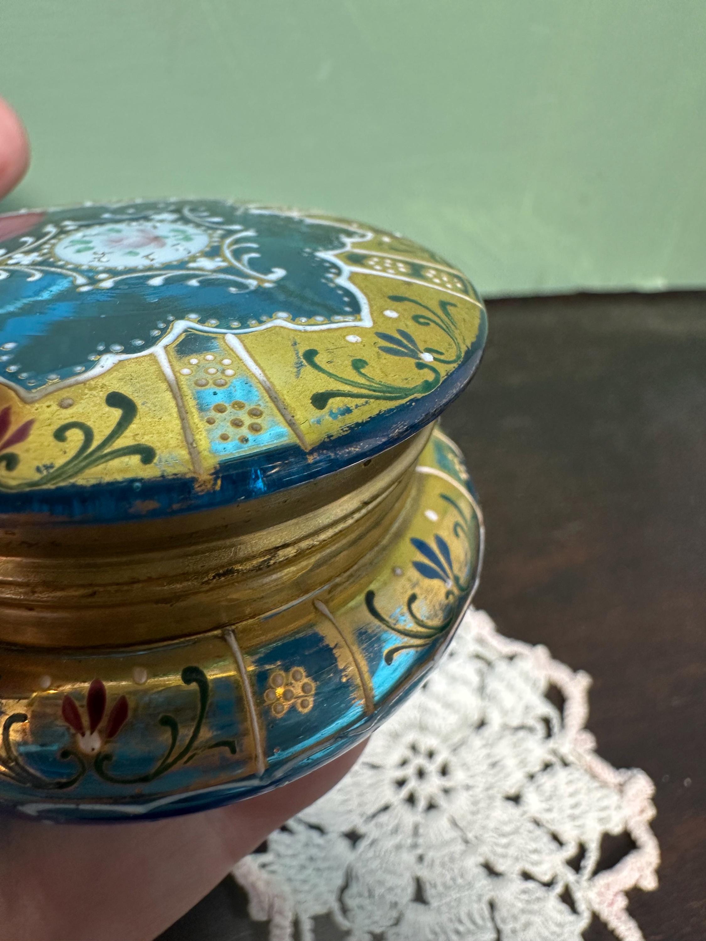 Antique Victorian Pill Trinket BOX Patch Glass Blue Sapphire Moser