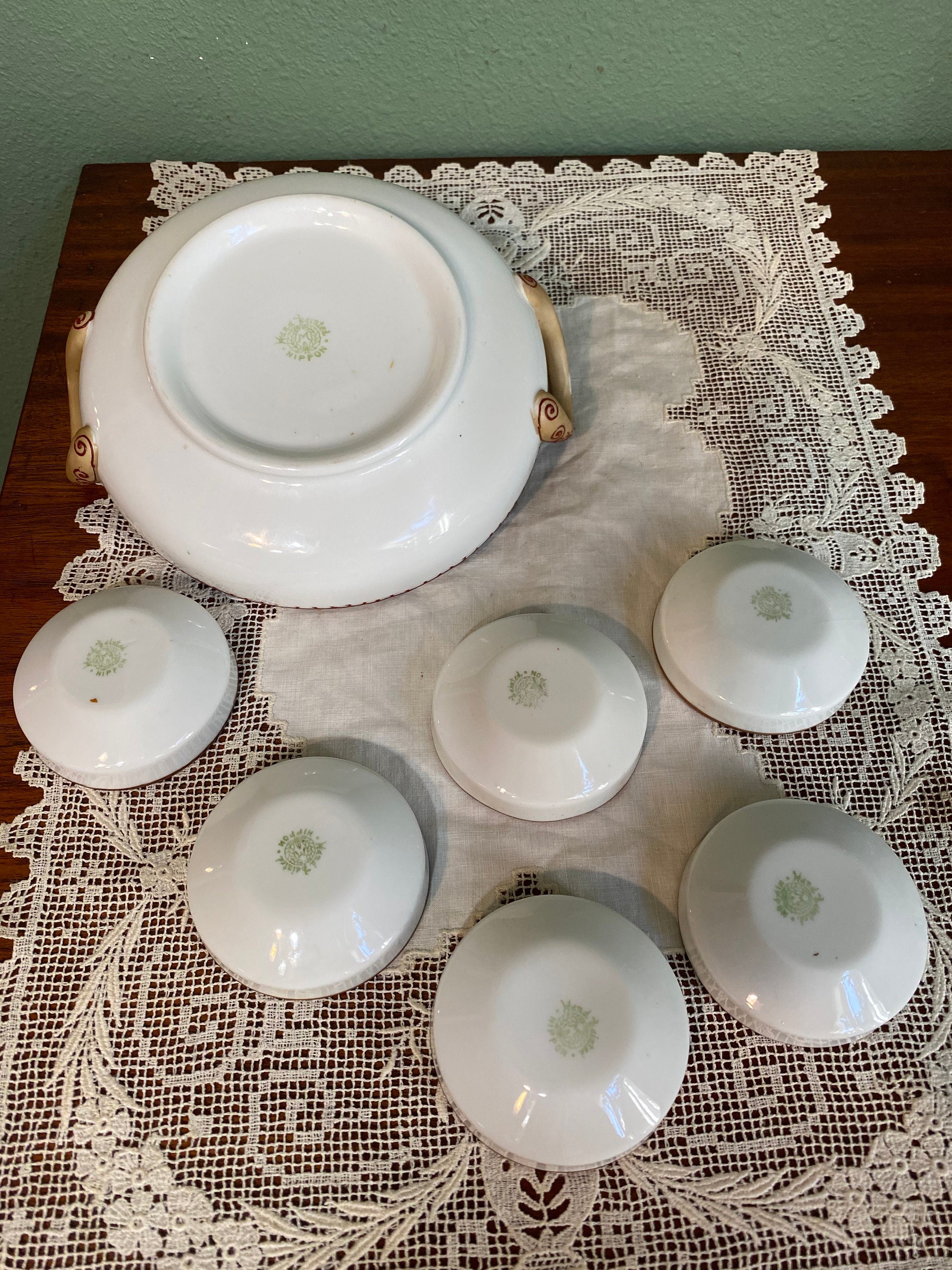 Antique Nippon Nut Berry BOWL SET Japan Gold Enamel