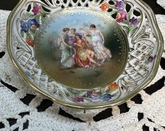 Antique Dresden Germany Plate reticulated small Tray Dish Schumann Dresden Pierced  Bavaria signed