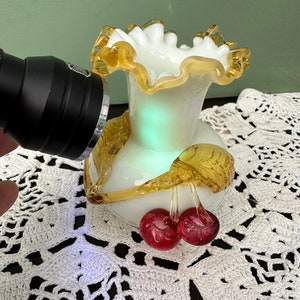 Antique VASE Cherries Stevens & Williams Webb  Vaseline glows Custard Applied  Art Glass amber red
