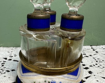 Antique Guilloche Enamel PERFUME Bottles Crystal Enamel blue Holder DRESSER SET Austria