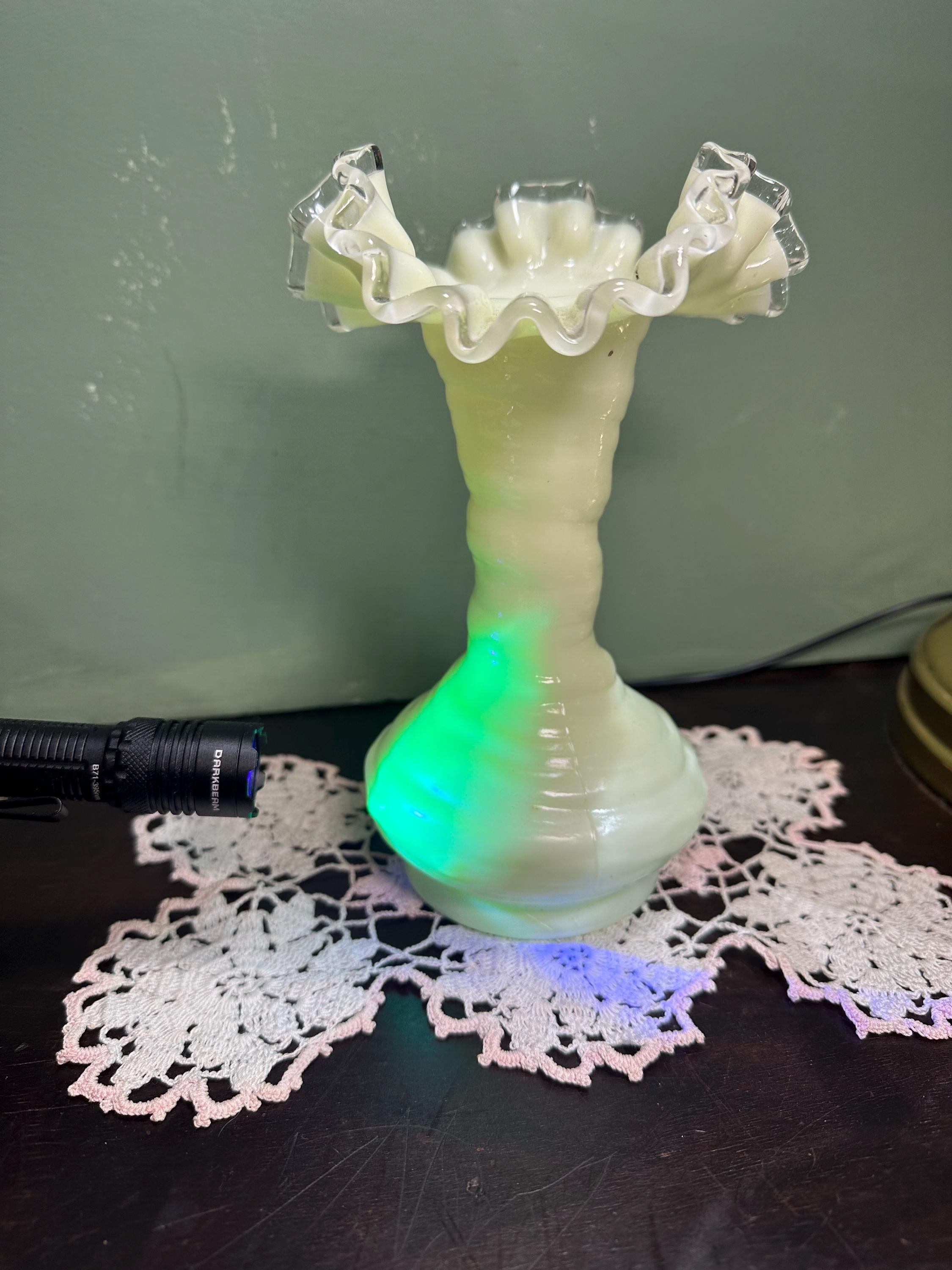 Vintage Fenton Custard VASELINE VASE Silver Crest Ruffled Rim