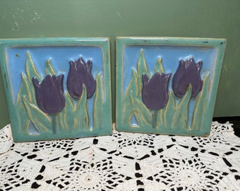 Rookwood 6x6 porcelain TILES Tulips Purple Blue  Botanicals tiling architectural salvage Set 2 signed