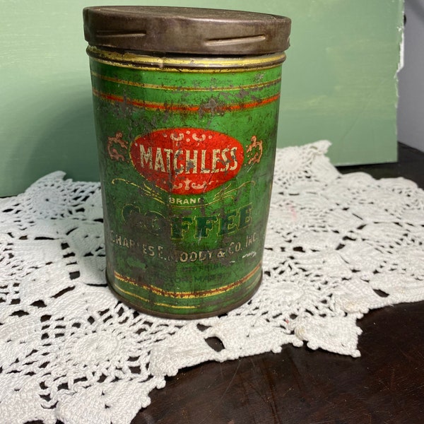 Antique TIN Box matchless coffee 1 pound screw on lid Metal litho Boston
