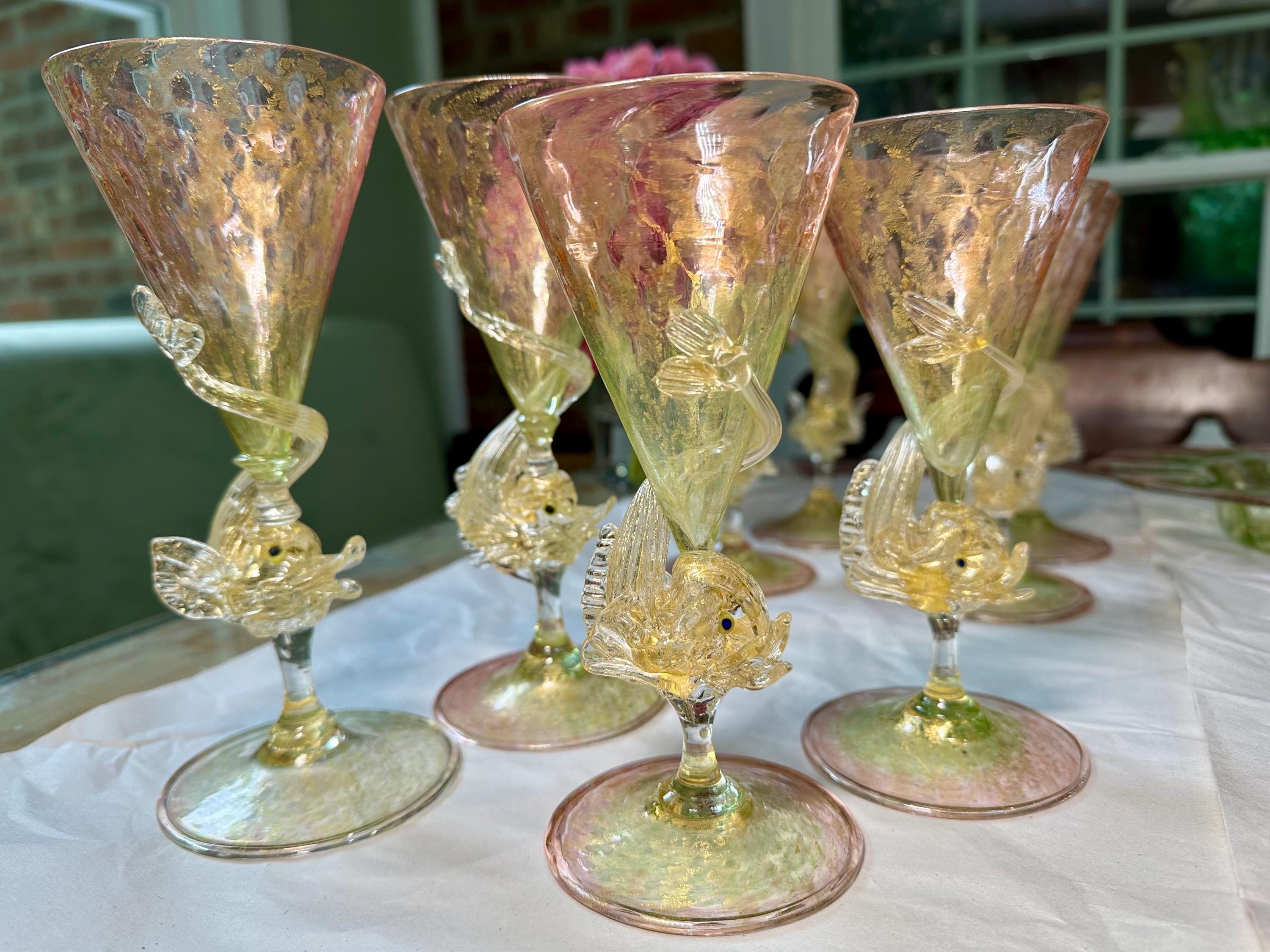 Venetian Salviati 14 Pieces Plates Dolphin Fish Watermelon Goblets