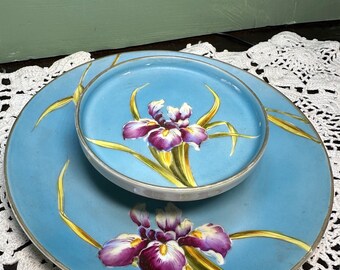 Antique Nippon Tiffany Blue SERVING DISH Chip Dip Bowl Japan  enamel porcelain Purple Irises Iris heavy gilt