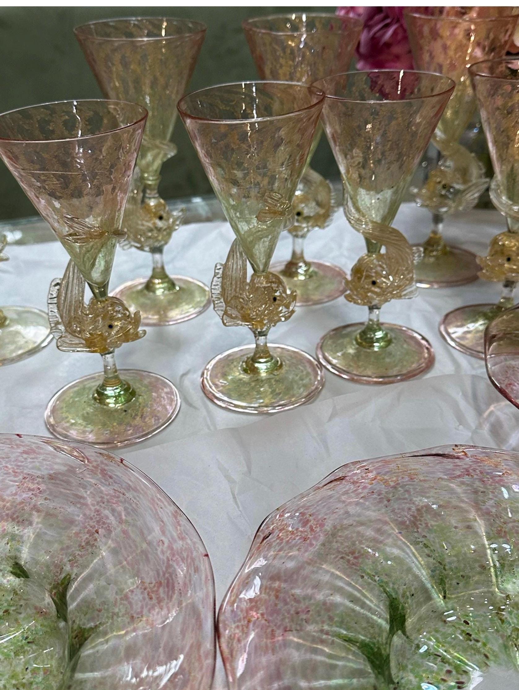 MURANO Salviati ムラノ サルヴィアッティ 4色 ボール 大皿 Venetian Salviati 14 Pieces Plates Dolphin Fish Watermelon Goblets
