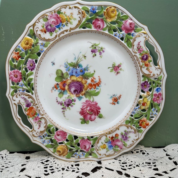 Antique Dresden Germany Plate reticulated made for Baileys Banks and Buddle Jewelry Porcelain Flowers gilt