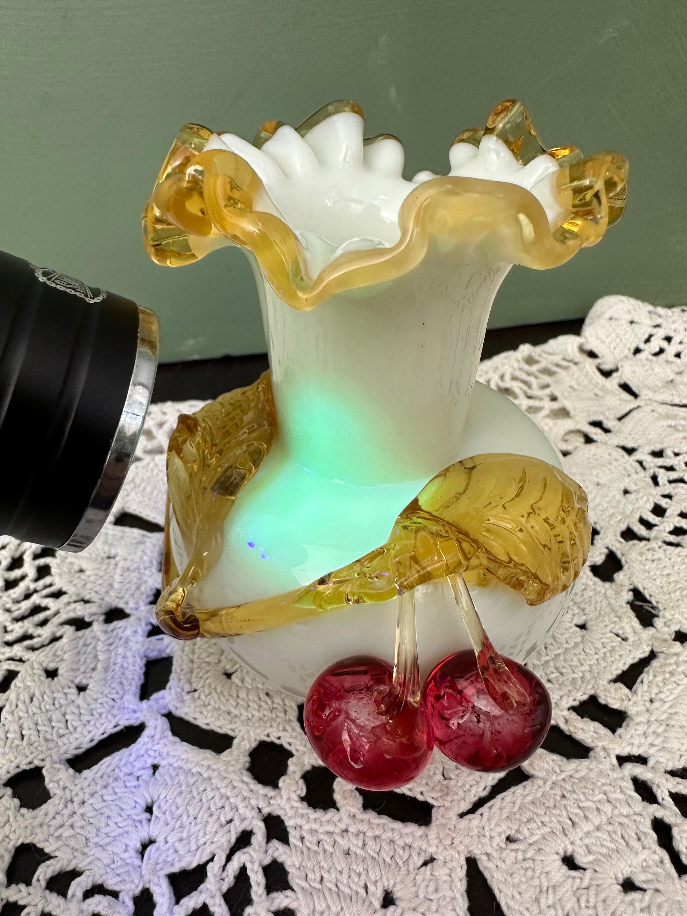 Antique VASE Cherries Stevens & Williams Webb Vaseline Glows