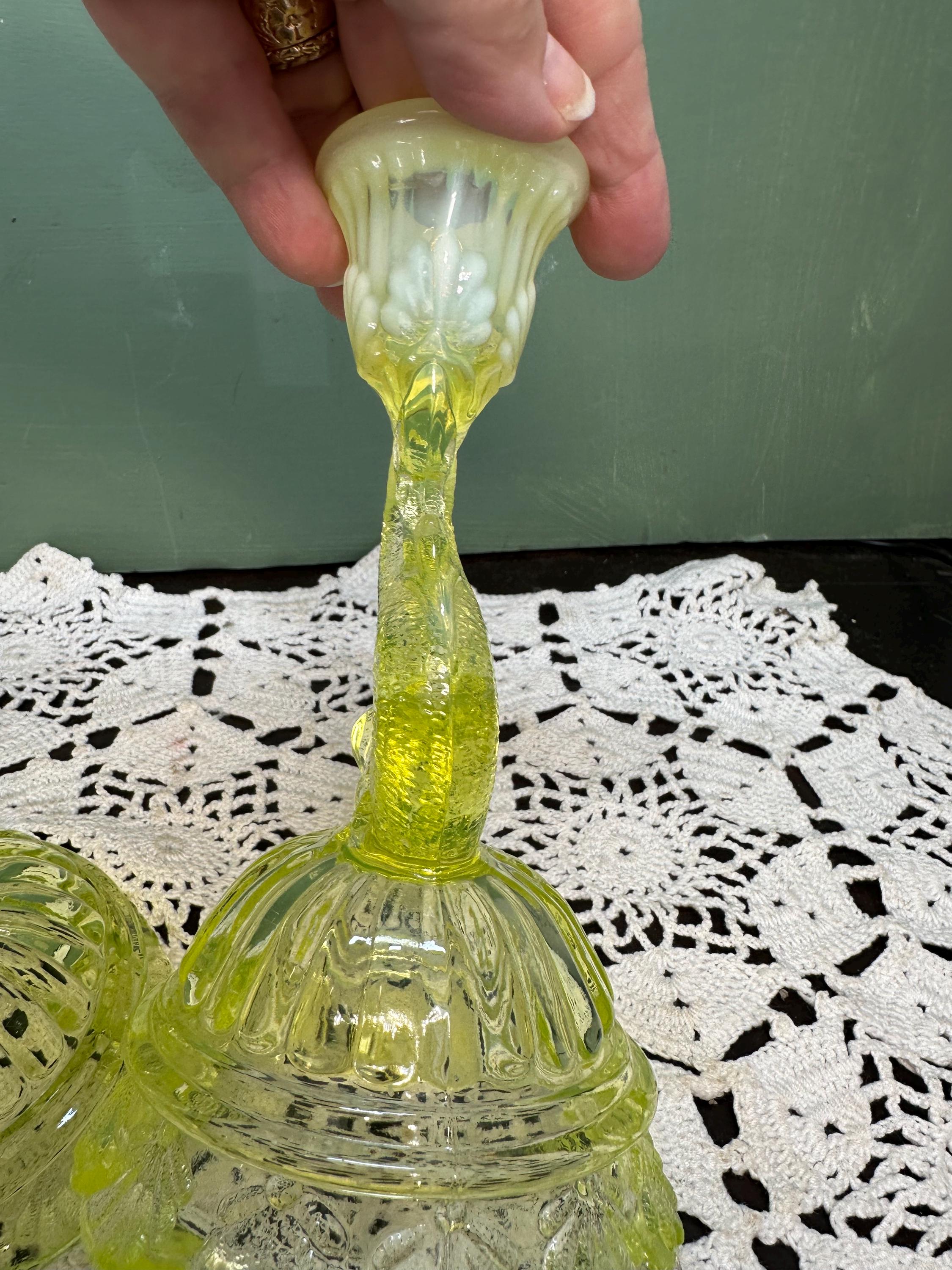 Antique Northwood Vaseline DOLPHIN CANDLESTICKS Opaline Glass Fish