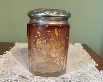 Antique Moser Quality Tobacco JAR Rubina Glass Repousse Silver Lid Gold enamel Floral Cranberry encrusted crystal  glass