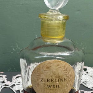 Antica bottiglia di profumo in cristallo Weil ZIBELINE Francia del 1928, fantastica etichetta originale da 1 oz