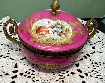 Antique Victorian Dresden LOVERS Country Scene Pink German Porcelain BOX Dresser Powder Jewelry painted  Florals enamel flowers Signed