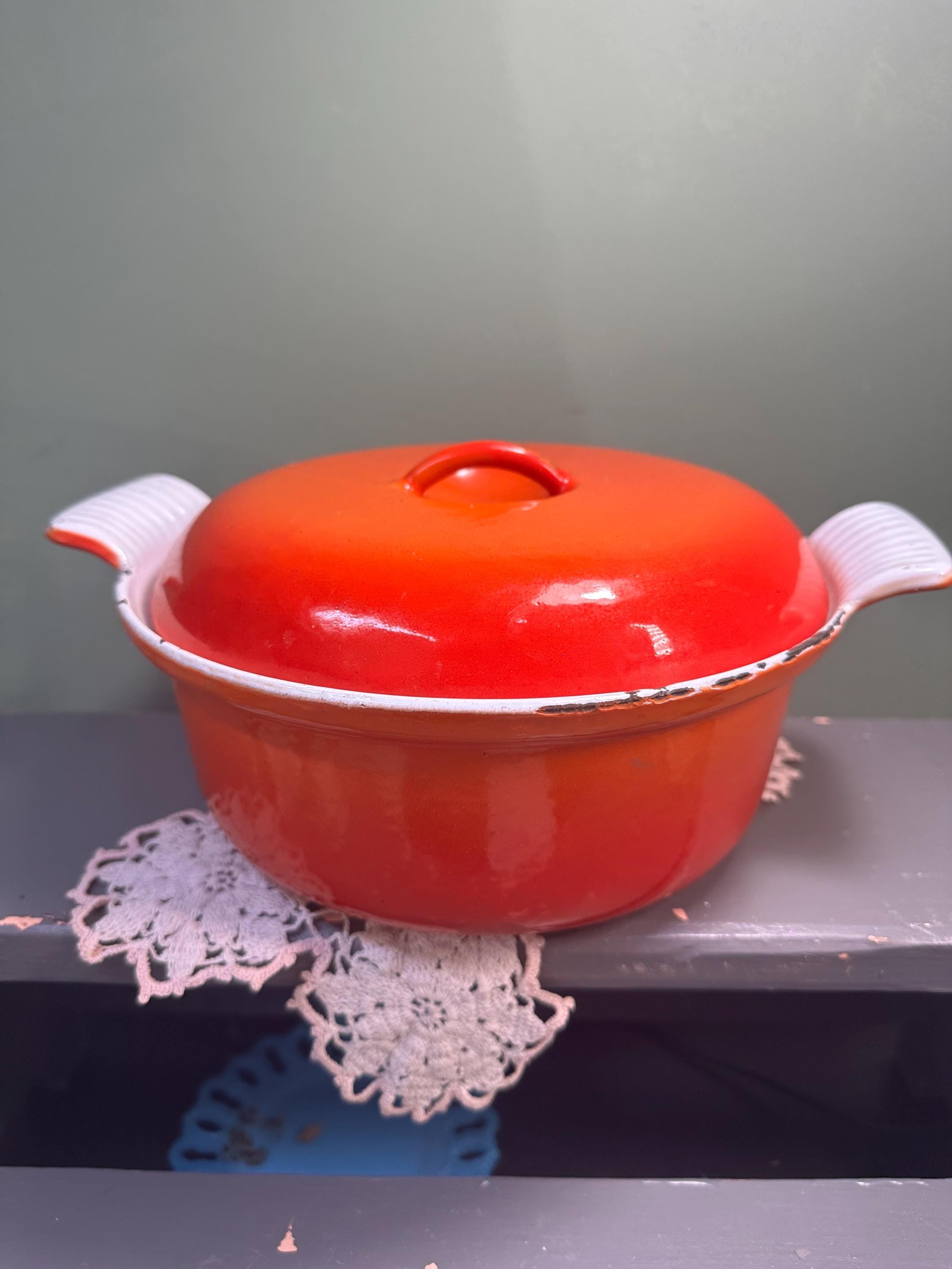 Vintage 2 Quart Descoware Belgium Orange Red Dutch Oven Skillet