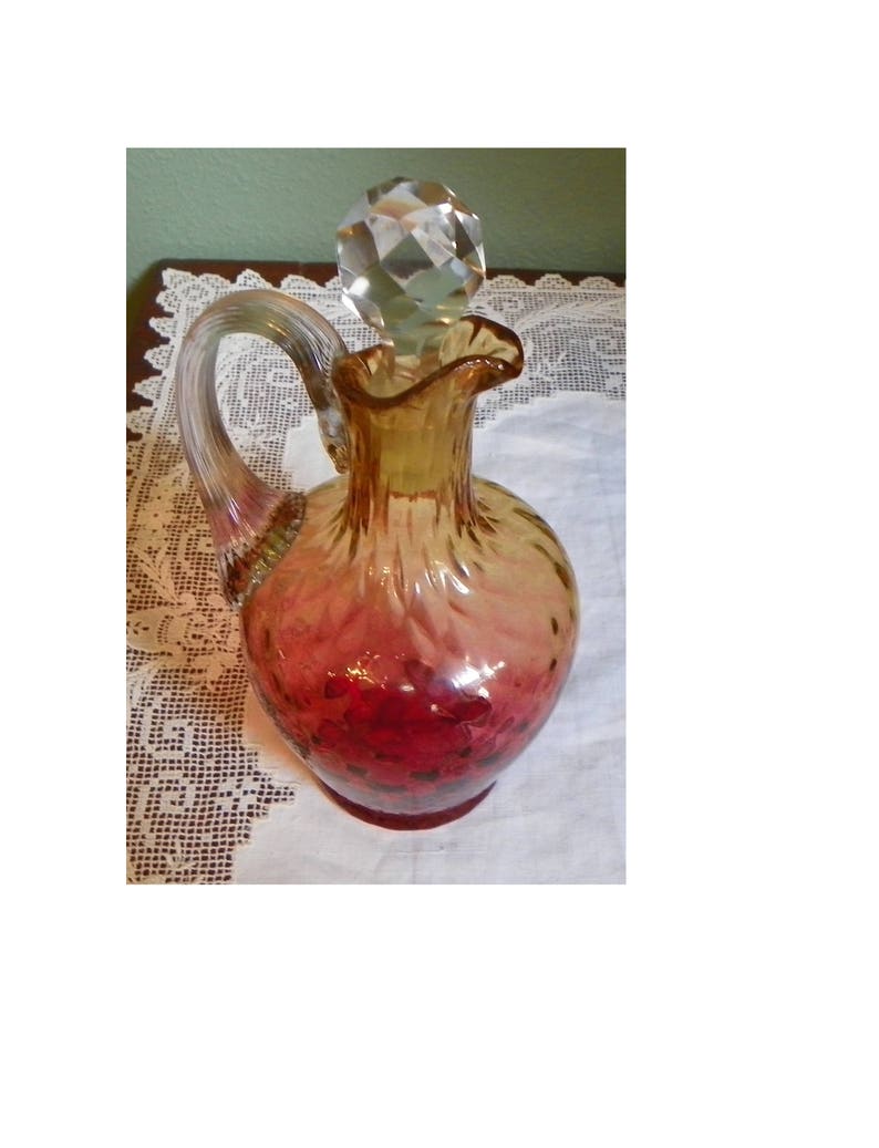 Antique Amberina Glass Decanter Pitcher W/ Diamond Pattern Decoration Decanters