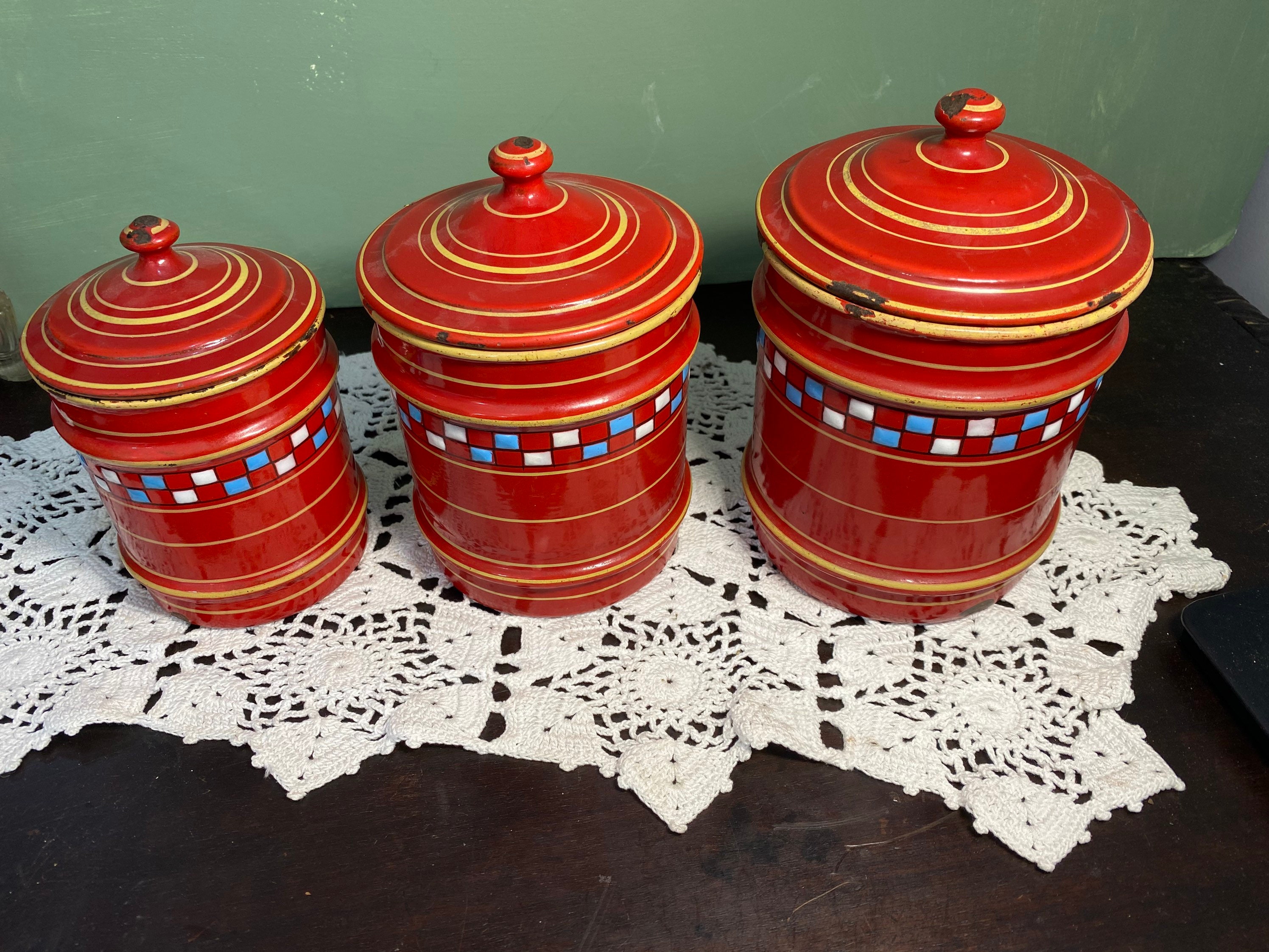 Antique French Enamel CANISTER set Red Blue white checker board