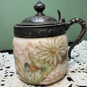 Antique Mt Washington MUSTARD POT silver Lid Top Crown Milano Hand Painted Opal Glass opaline Lily Flowers