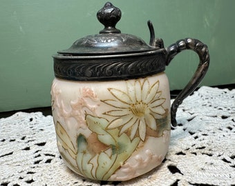 Antique Mt Washington MUSTARD POT silver Lid Top Crown Milano Hand Painted Opal Glass opaline Lily Flowers