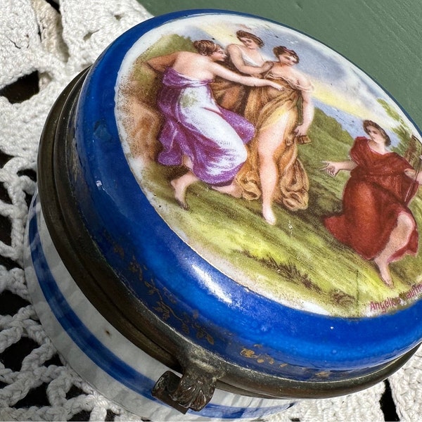 Antique Victorian France Limoges Woman women Cobalt  Porcelain BOX Dresser Powder Jewelry painted  Florals enamel flowers