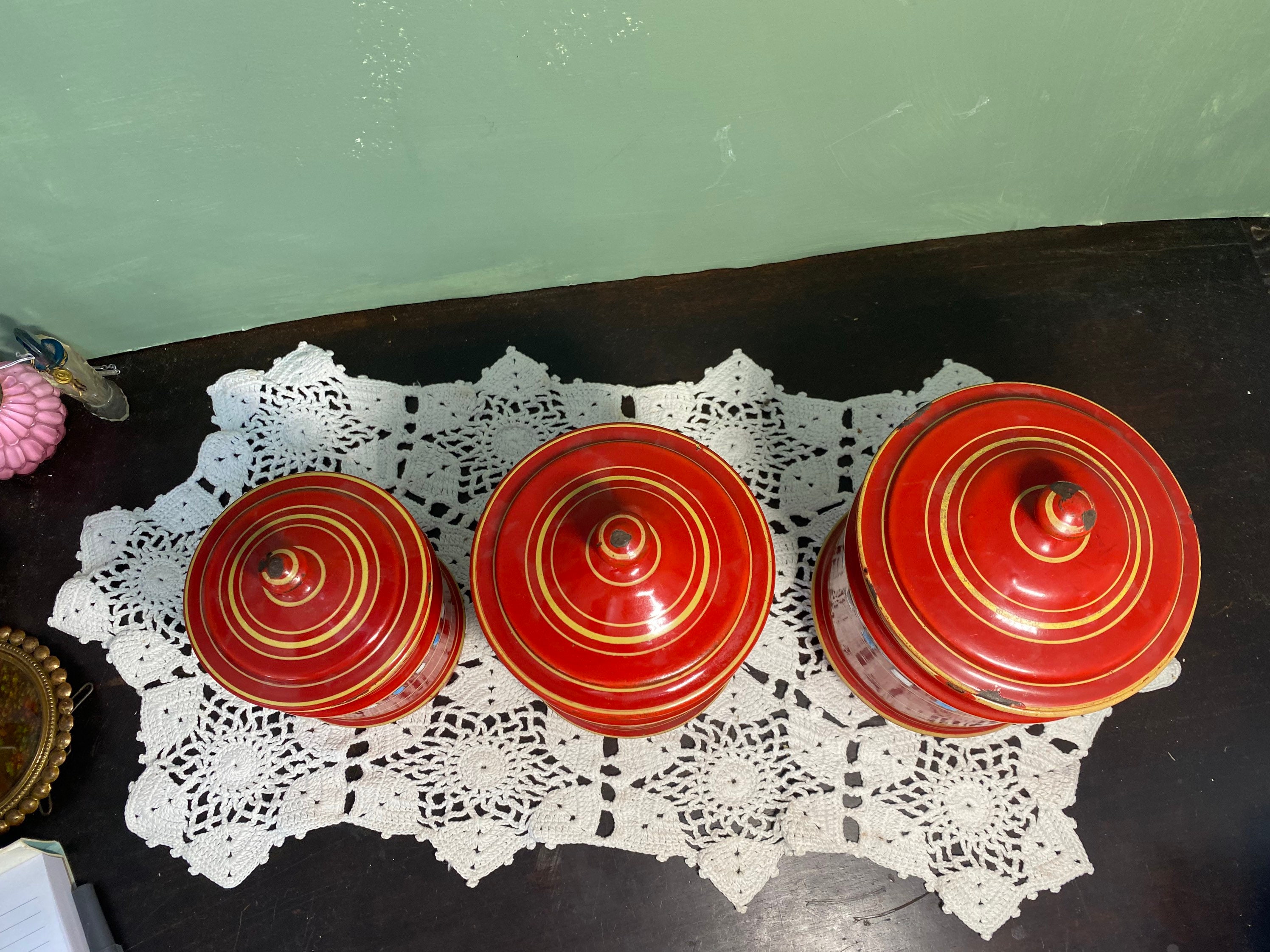 Antique French Enamel CANISTER set Red Blue white checker board