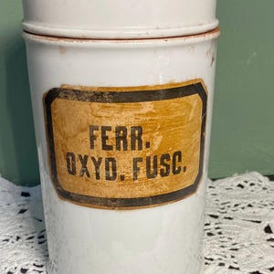 Antique Stoneware CROCK Tall Jar Lid Ferr. Oxus. Fuse.  Paris Chemist