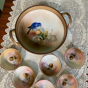 Antique Nippon Nut Berry BOWL SET Japan gold enamel porcelain Bluebird acorns  heavy enamel