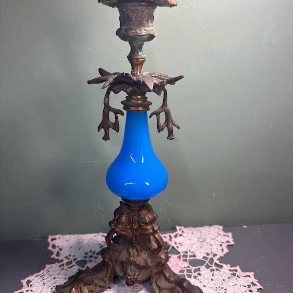 Antique Bronze Candle Holder French Opaline Blue Glass Lion Heads CANDLESTICK
