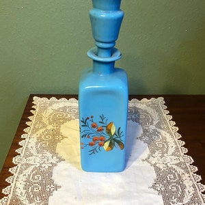 Large Antique Shot Glass Stopper Opaline Blue Glass Bristol DECANTER Perfume Bottle Delphite milk hand painted decorated floral flowers oran