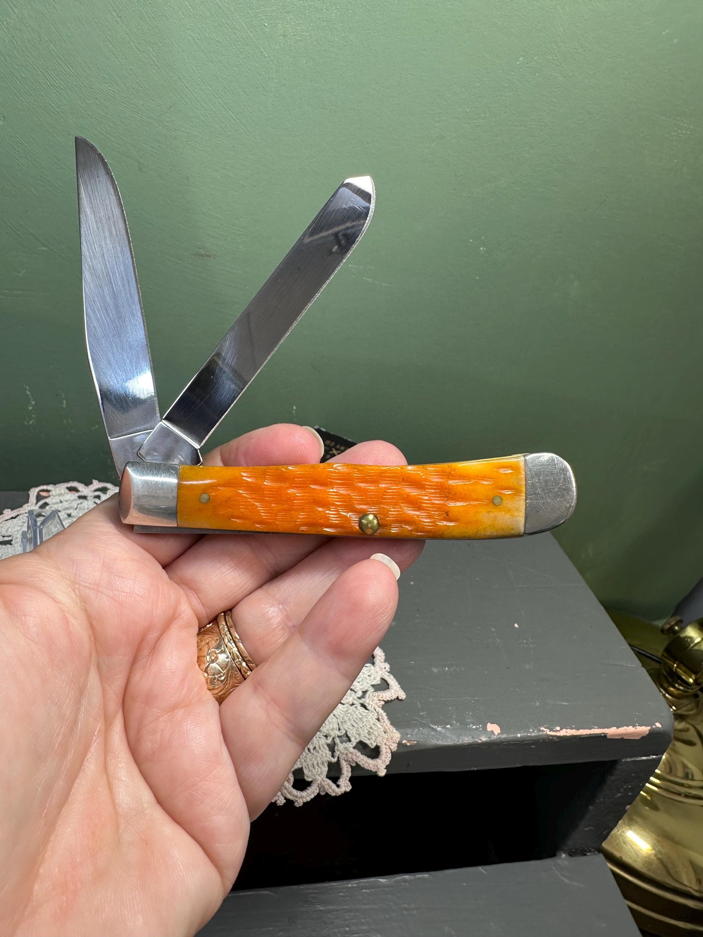 Vintage Case Xx Persimmon Orange Bone Peach Seed Jig TRAPPER Knife