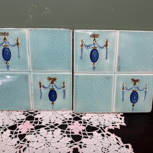 antieke Engelse TEGELS 2 Tiffany Blue met Cobalt Encaustic tegels tegels architectonisch berging Engeland