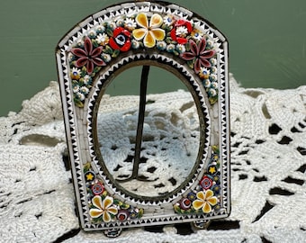 Antique Small Micro Mosaic Picture FRAME photograph Dresser Oval Flowers