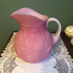 Vintage Fenton PITCHER Puffy Magenta Overlay american beauty embossed  Pink Satin Glass Table