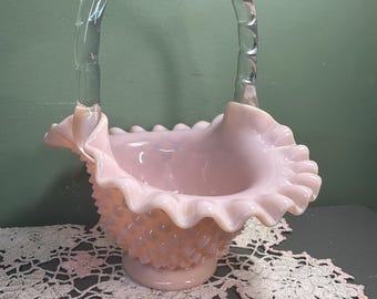CESTA VINTAGE FLORERO PLATO Compota Fenton Pastel Rosa Tazón con clavos Plato de vidrio Patrón y color raros