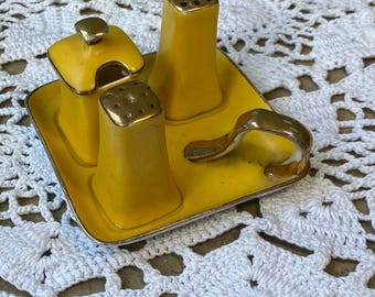 Antique Noritake Nippon CONDIMENT SET Mustard Jar Salt Pepper Deco Japan enamel porcelain mini