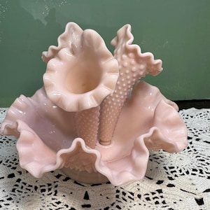 フェントン ピンククレスト Cut & Block オパールセントコンポート ヴィンテージ ピンクローズ クレスト フェントン 花瓶 レース ブラック