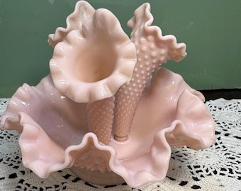 Jarrón vintage EPERGNE, plato de compota Fenton, color rosa pastel, con tachuelas, plato de cristal, patrón y color raros