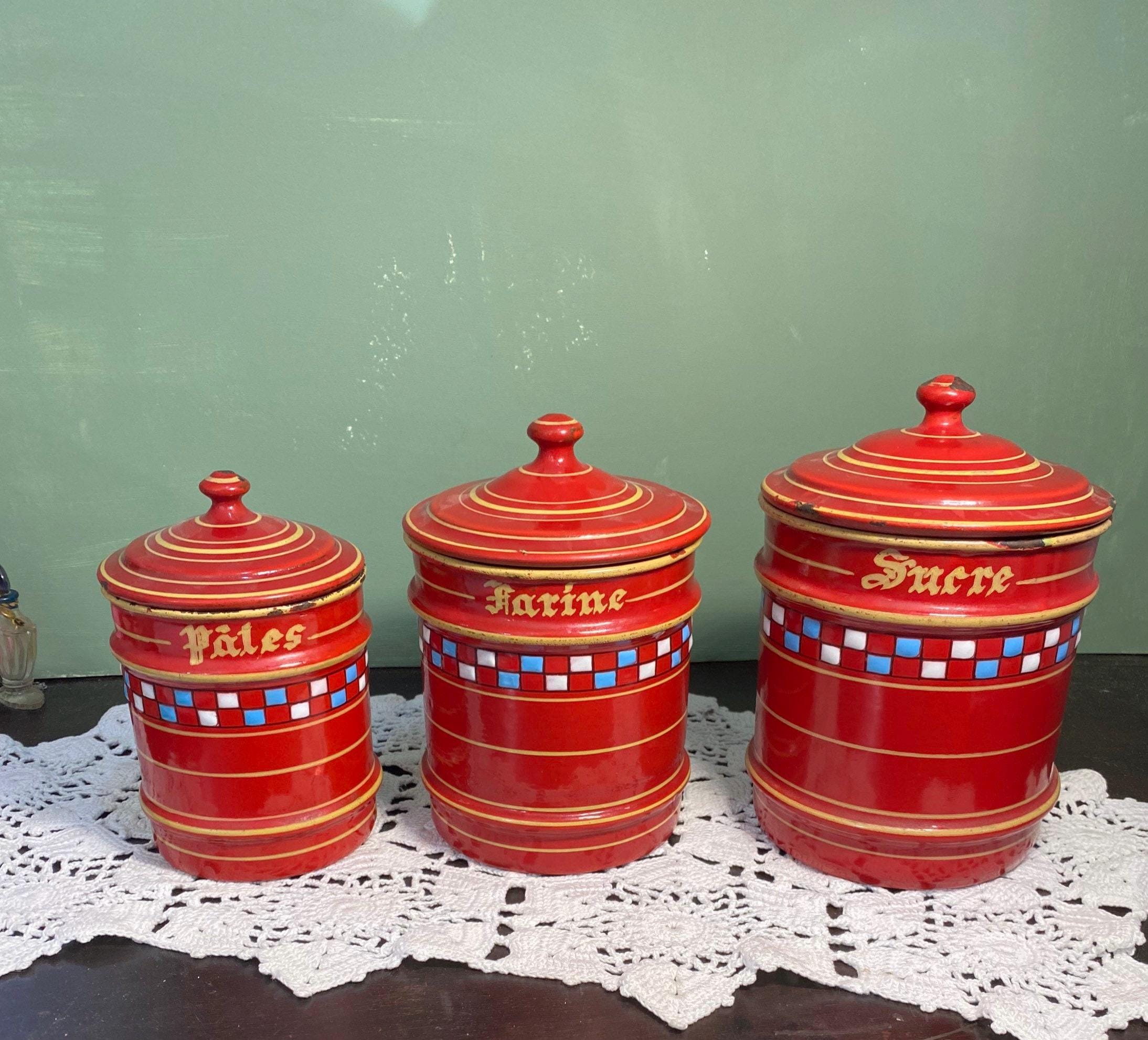 Antique French Enamel CANISTER set Red Blue white checker board
