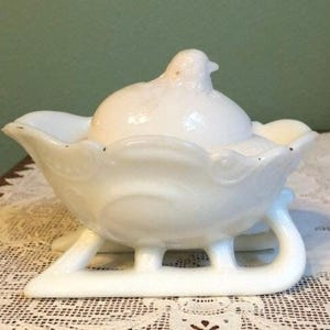 Antique Portieux Vallerysthal CHICK chicken Sled candy Dish PV opaline glass France French PV