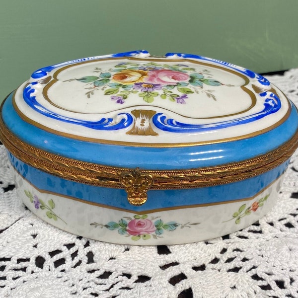 Antique Victorian Dresden German Porcelain BOX Dresser Powder Jewelry painted  Florals enamel flowers