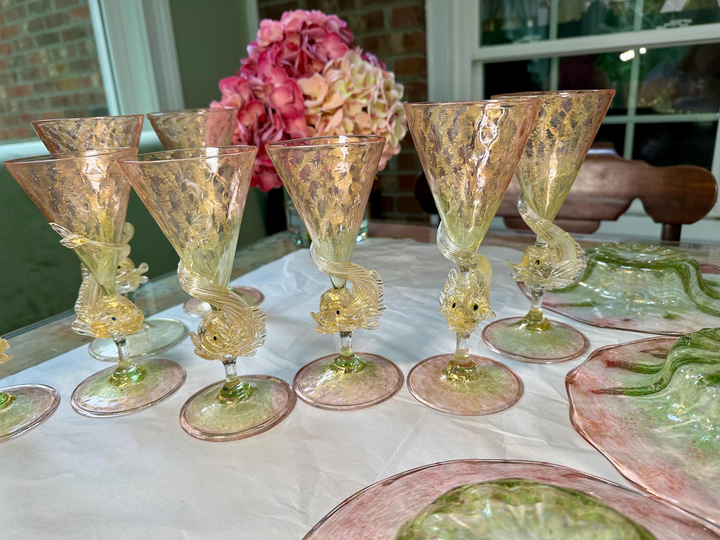 Venetian Salviati 14 Pieces Plates Dolphin Fish Watermelon Goblets