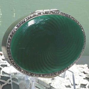 Antike grüne Guilloche KOMPAKT Emaille Strass Chatelaine Trinket Geldbörse Tasche Sterling Silber Spiegel