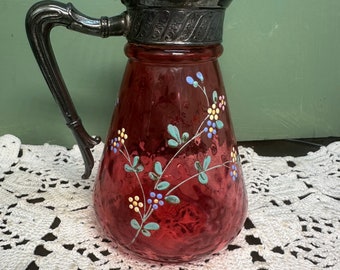 Victorian EAPG Hobbs Brockunier SYRUP PITCHER Cranberry Glass enamel flowers Thumbprint pattern