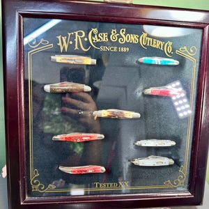 May include: A display case with a dark wood frame showcases nine pocket knives. The knives have various handle colors, including yellow, blue, red, and white. The case features the text "W.R. Case & Sons Cutlery Co. Since 1889" and "Tested XX".