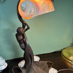 Antique LAMP Bronze MERMAID Nautilus