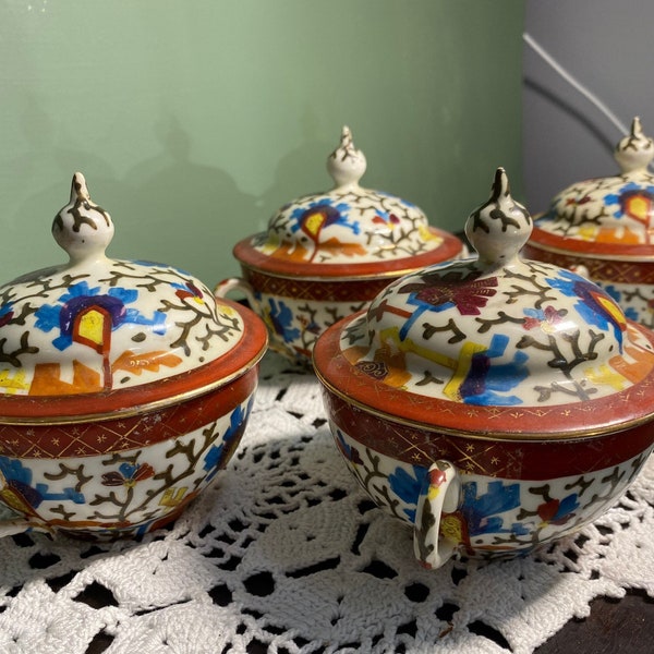 Antique Victorian Vienna SOUP BOWLS LIDS Porcelain painted  Florals enamel  beehive