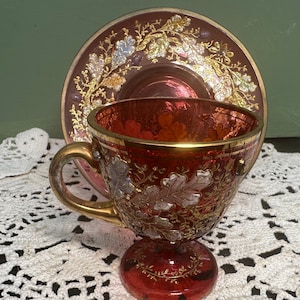 Antique Moser DEMITASSE TEACUP SAUCER Glass Cranberry Daisy Moser Scroll Jewel Enamel Raised Hand painted stand