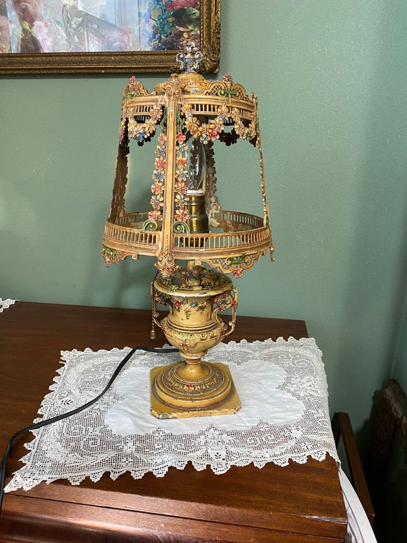 Antique Victorian Lamp Silk Shade Boudoir Light Nouveau Light