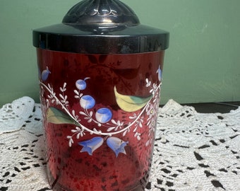 Victorian EAPG Hobbs Brockunier PICKLE CASTER Jam jelly Jar Cranberry Glass enamel flowers